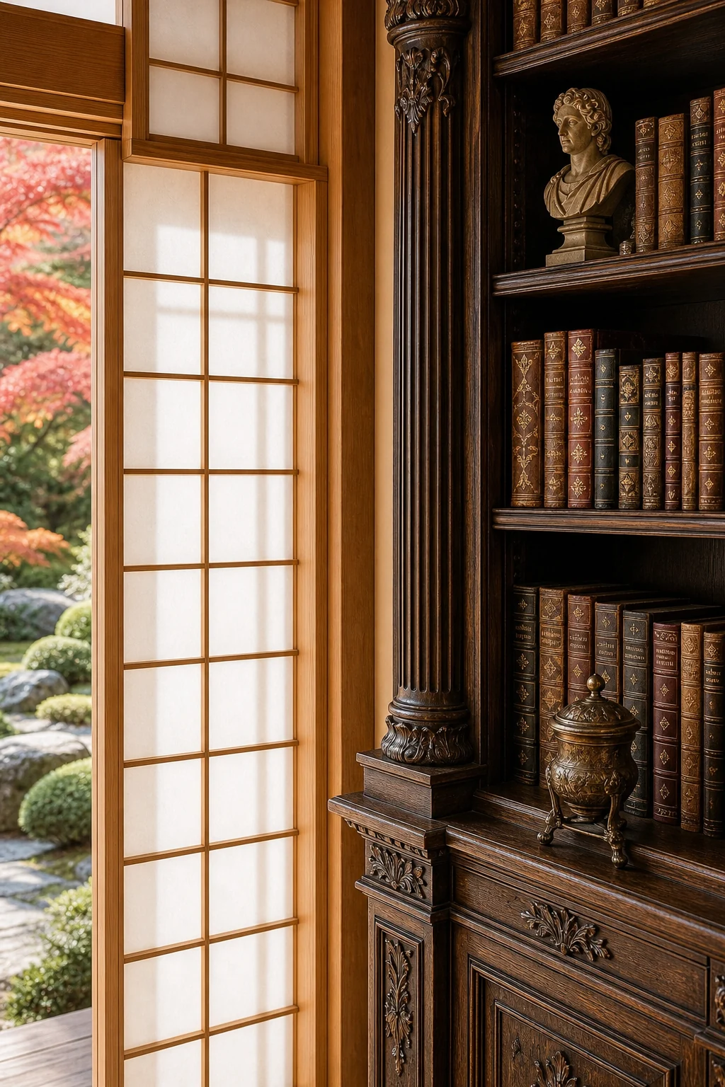 Close-up showing the grid of a Japanese shoji screen aligning with the carved pilasters of a Renaissance bookcase.