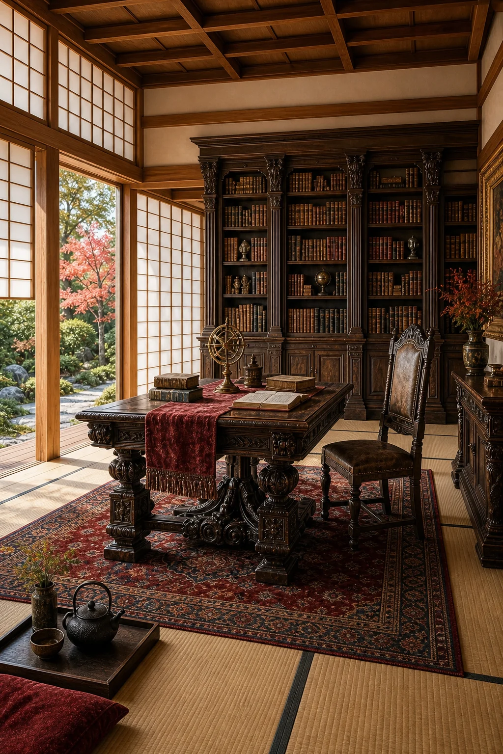 Heavy carved Renaissance reading table with a crimson velvet runner in the center of a minimalist Japanese room.
