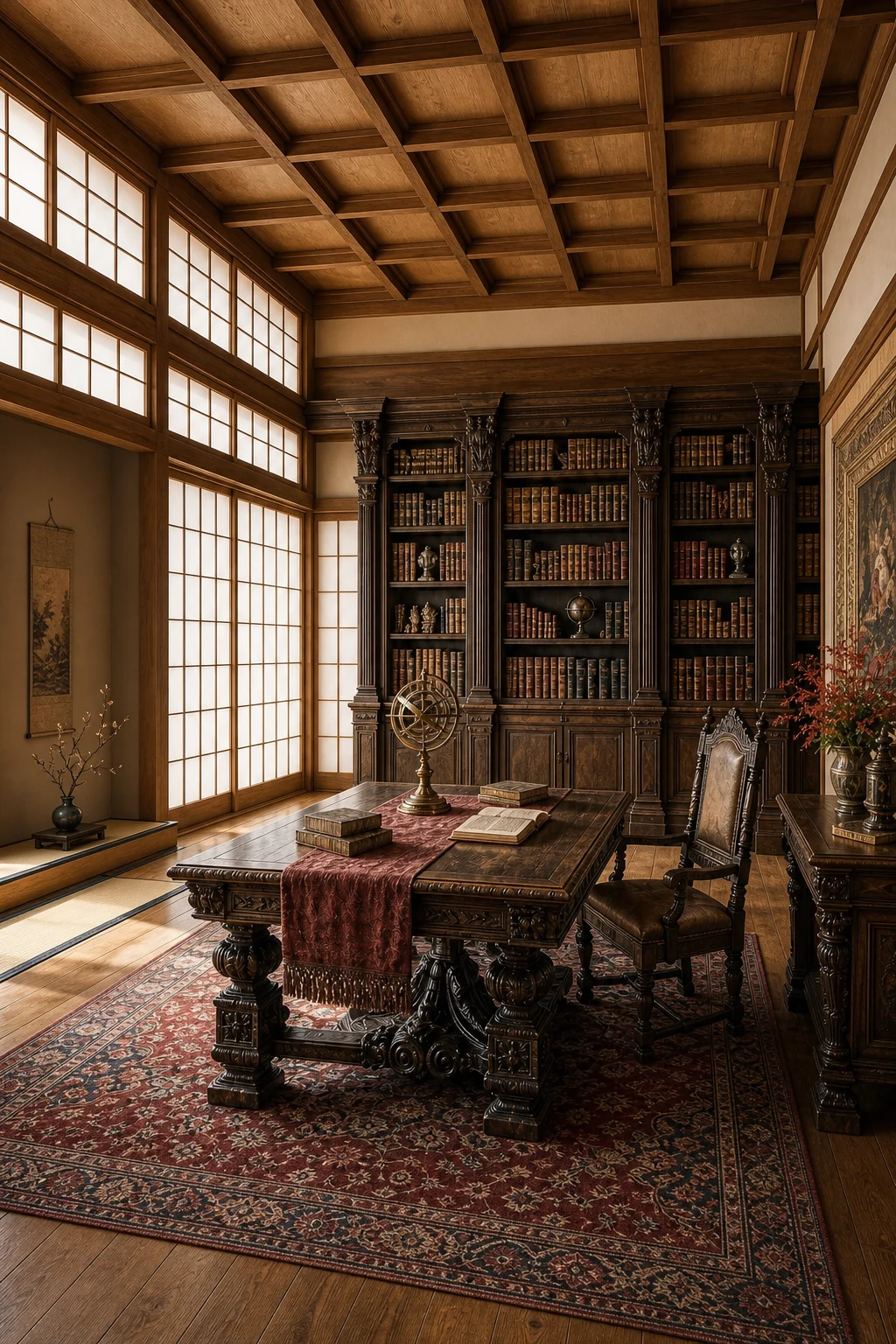 Soft daylight pouring through Japanese shoji screens, illuminating the intricate carvings of a dark Renaissance bookcase.