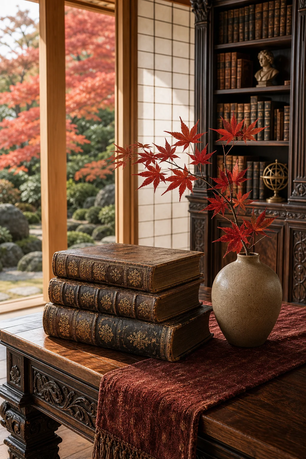 Gilded leather Renaissance books stacked next to a simple Japanese ceramic vase on a dark walnut tabletop.