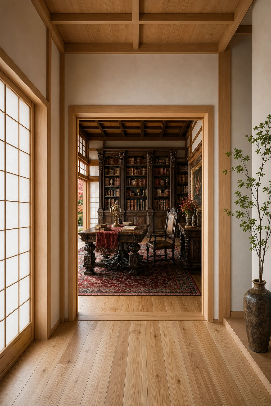 Looking through a minimalist Japanese timber-framed doorway into a dense, dark Renaissance library.
