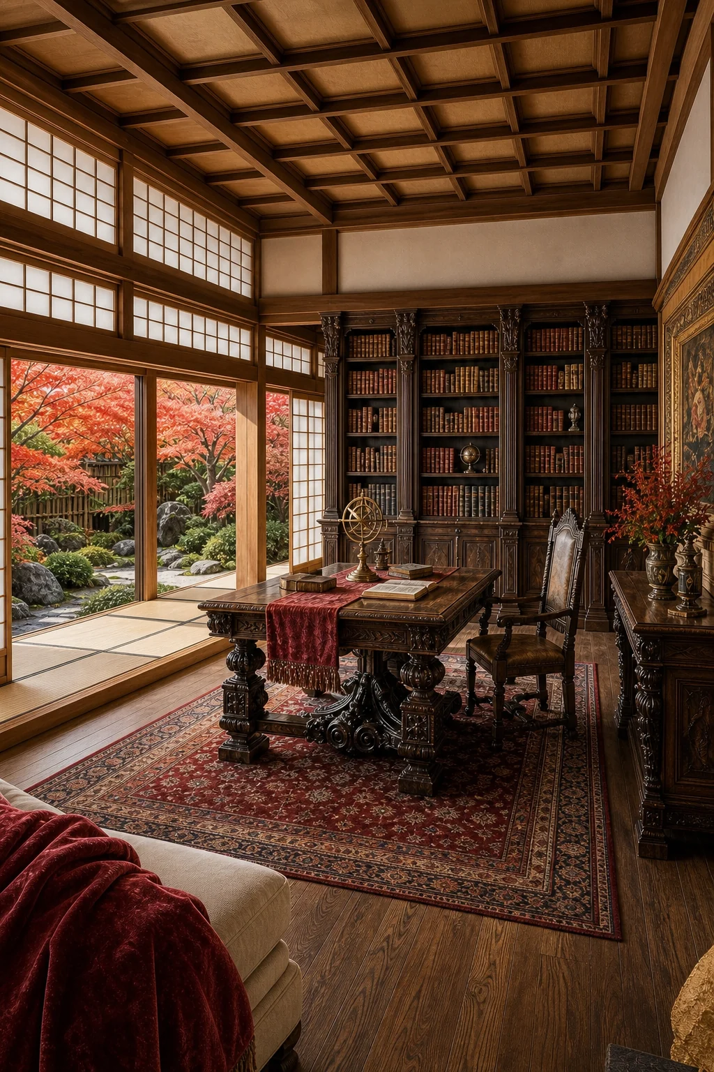 Balanced full room view showing Japanese shoji screens and tatami mats coexisting with heavy Renaissance bookcases and a reading table.