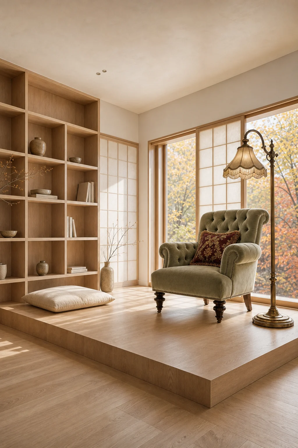Wide view of pale white oak built-in shelving and a low raised floor platform with a hint of a brass lamp.