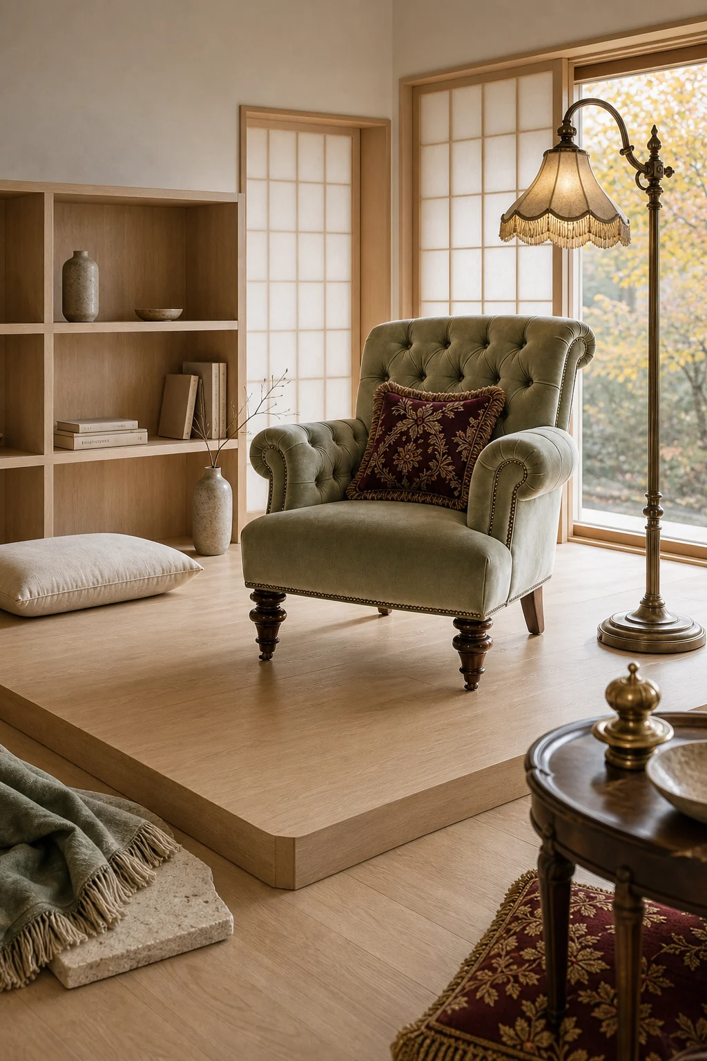High angle shot of a sage velvet tufted armchair with turned walnut legs on a clean oak floor.