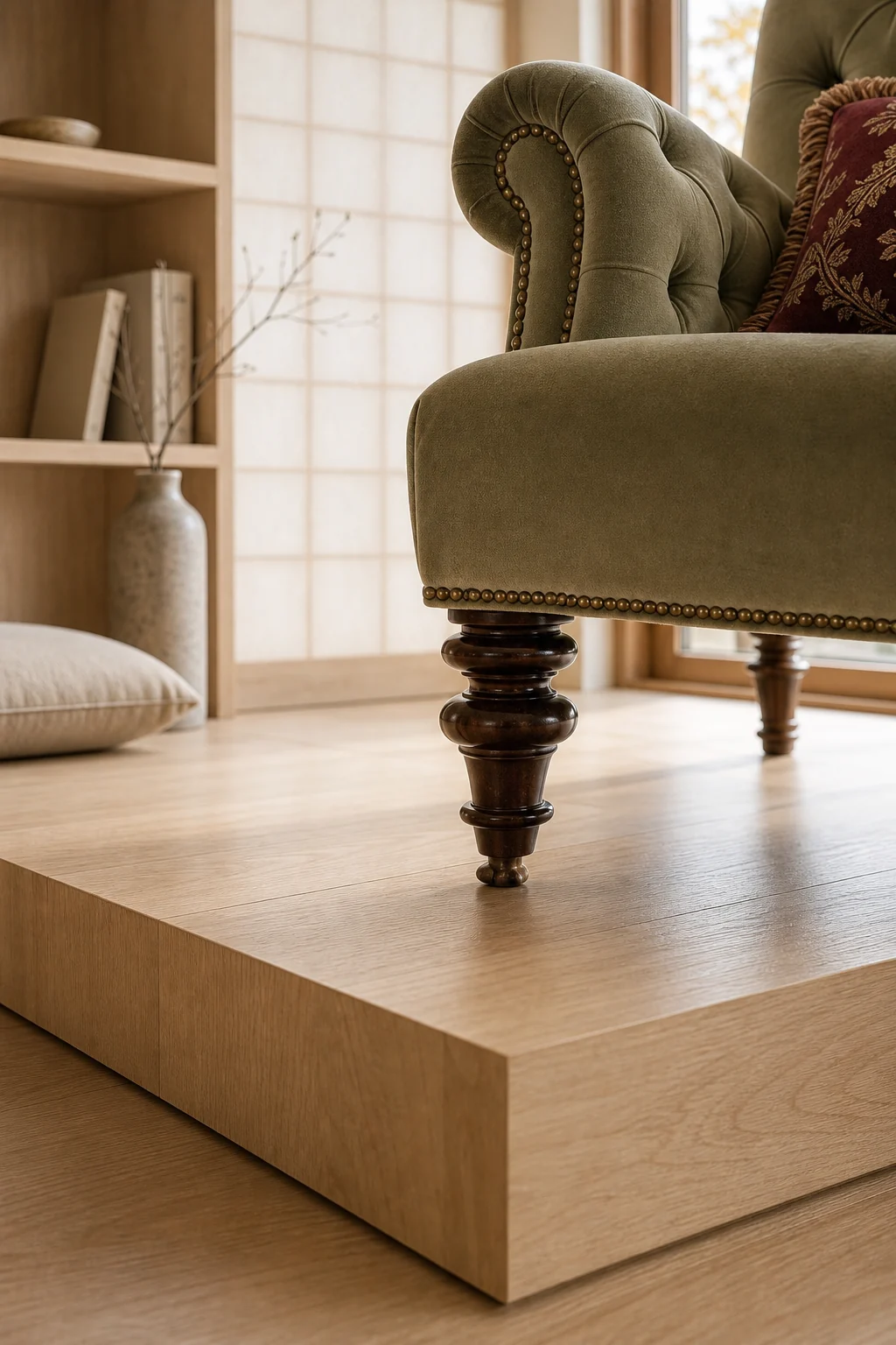 Close-up of a carved walnut chair leg resting on a flush pale oak wooden platform.