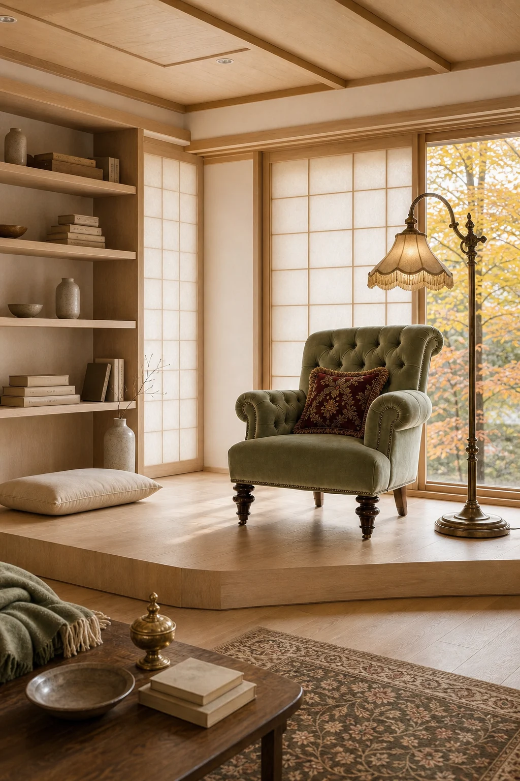 Medium-wide view of a complete reading nook with a tufted velvet chair, brass lamp, and hanji screens.