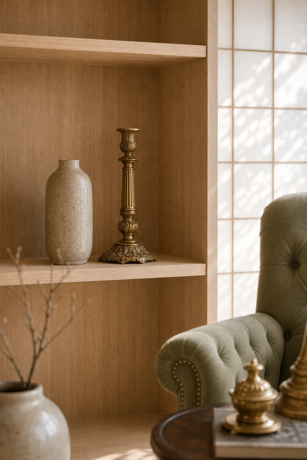 A single pale oak shelf displaying an ornate brass candlestick and a simple ceramic vase.