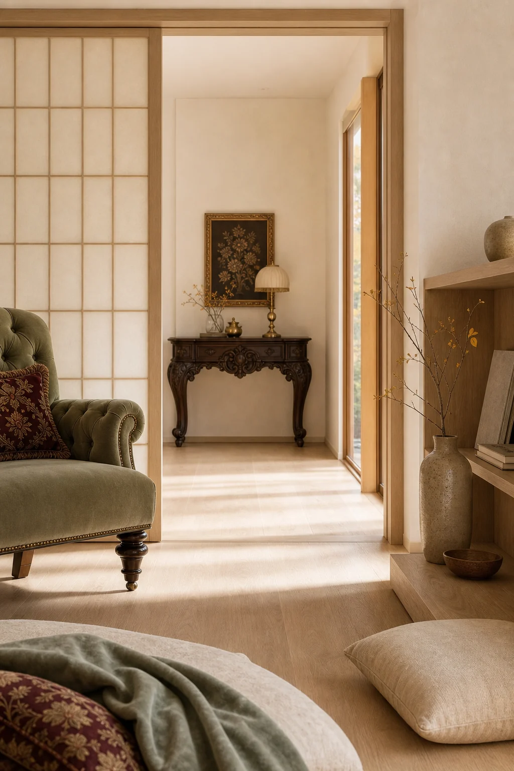 View from the reading nook into a pale oak hallway featuring a carved dark wood console table.