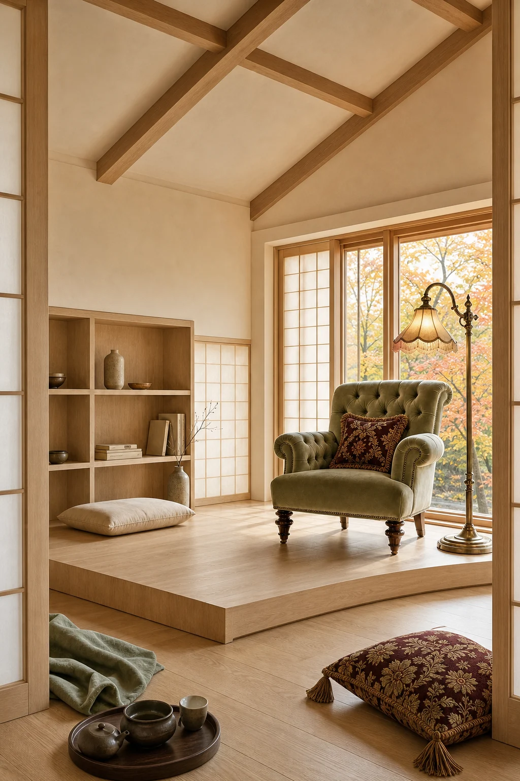 Wide shot of the entire room showing the pale oak shell containing the rich velvet seating area.