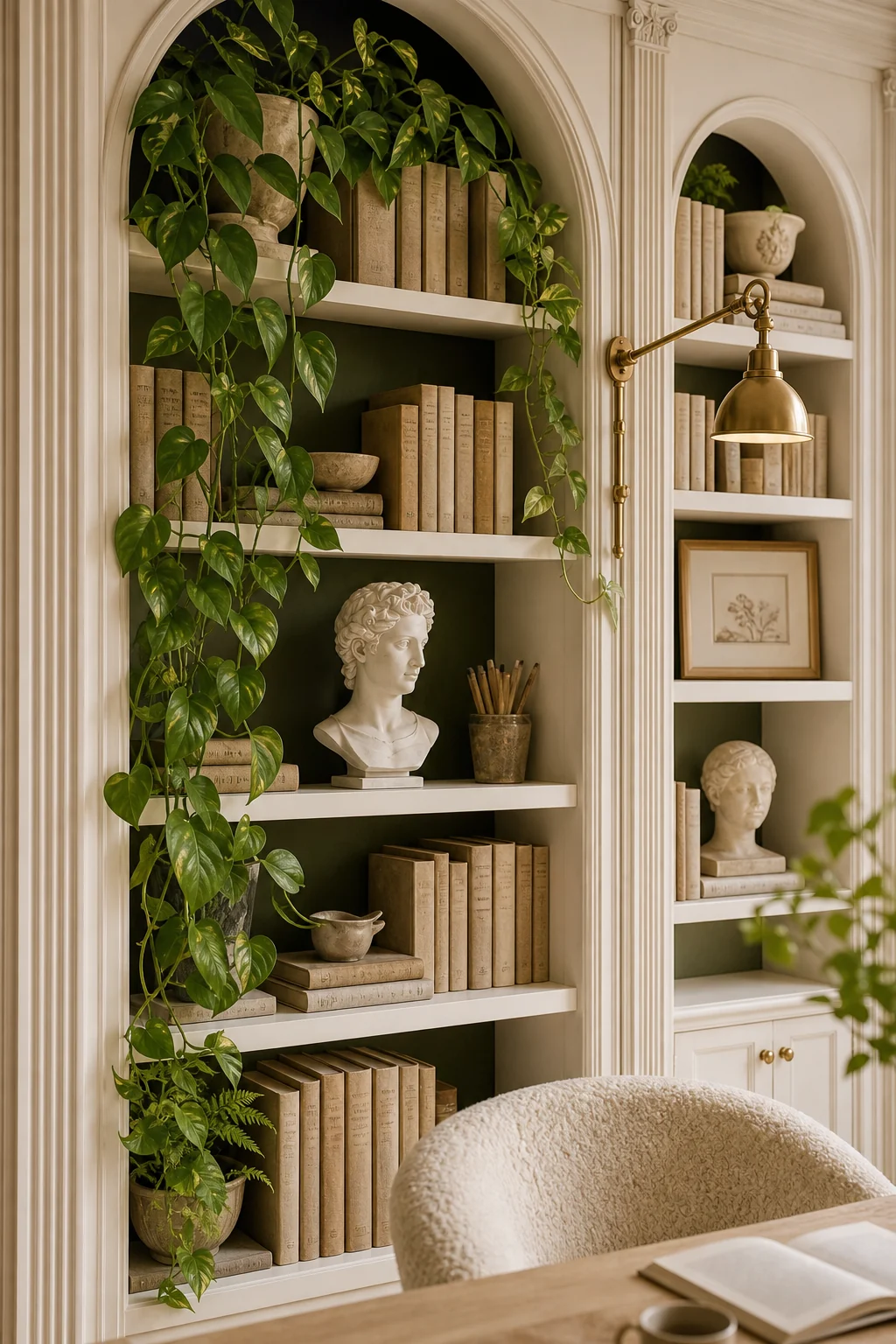 Close-up of a cream-painted arched bookcase holding vintage books and a plaster bust, with a trailing pothos vine cascading from the top shelf.