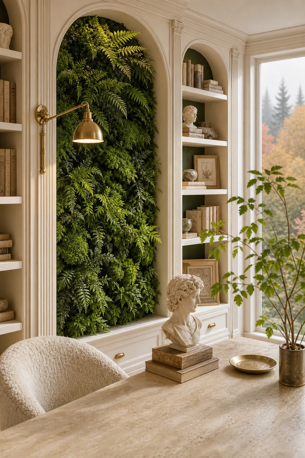 A dense living wall of ferns and moss installed inside a classical arched wall niche, illuminated by an antique brass swing-arm lamp.