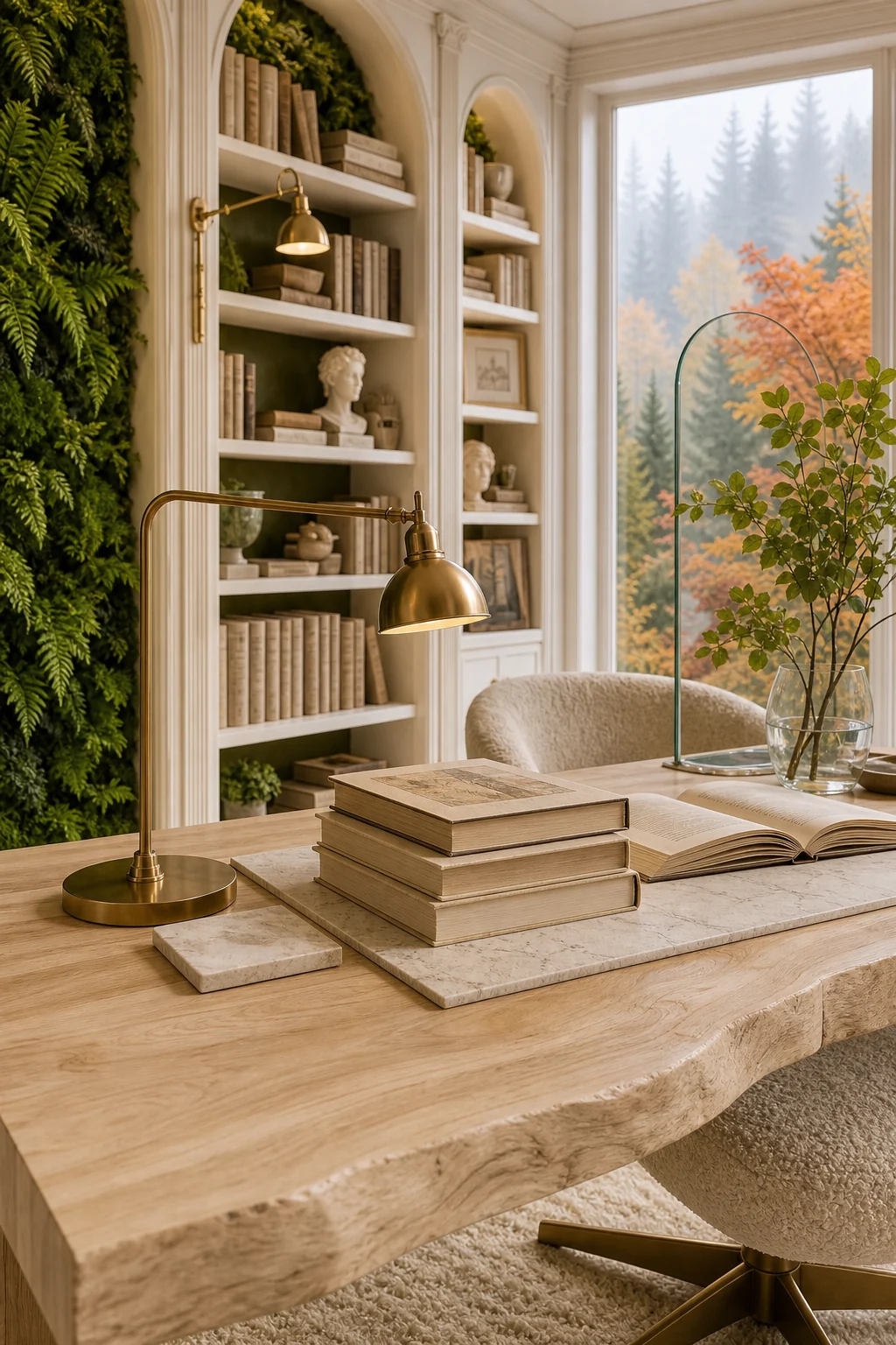 Detail of a pale, raw-edge ash wood desk surface with a marble blotter and a stack of parchment-paged books.