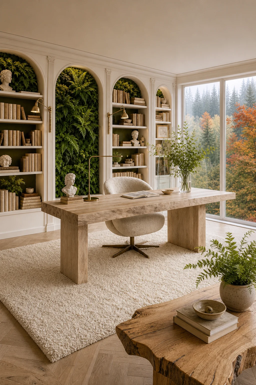 A pale ash wood desk and curved boucle chair resting on a cream rug, framed by cream-painted arched bookcases in the background.