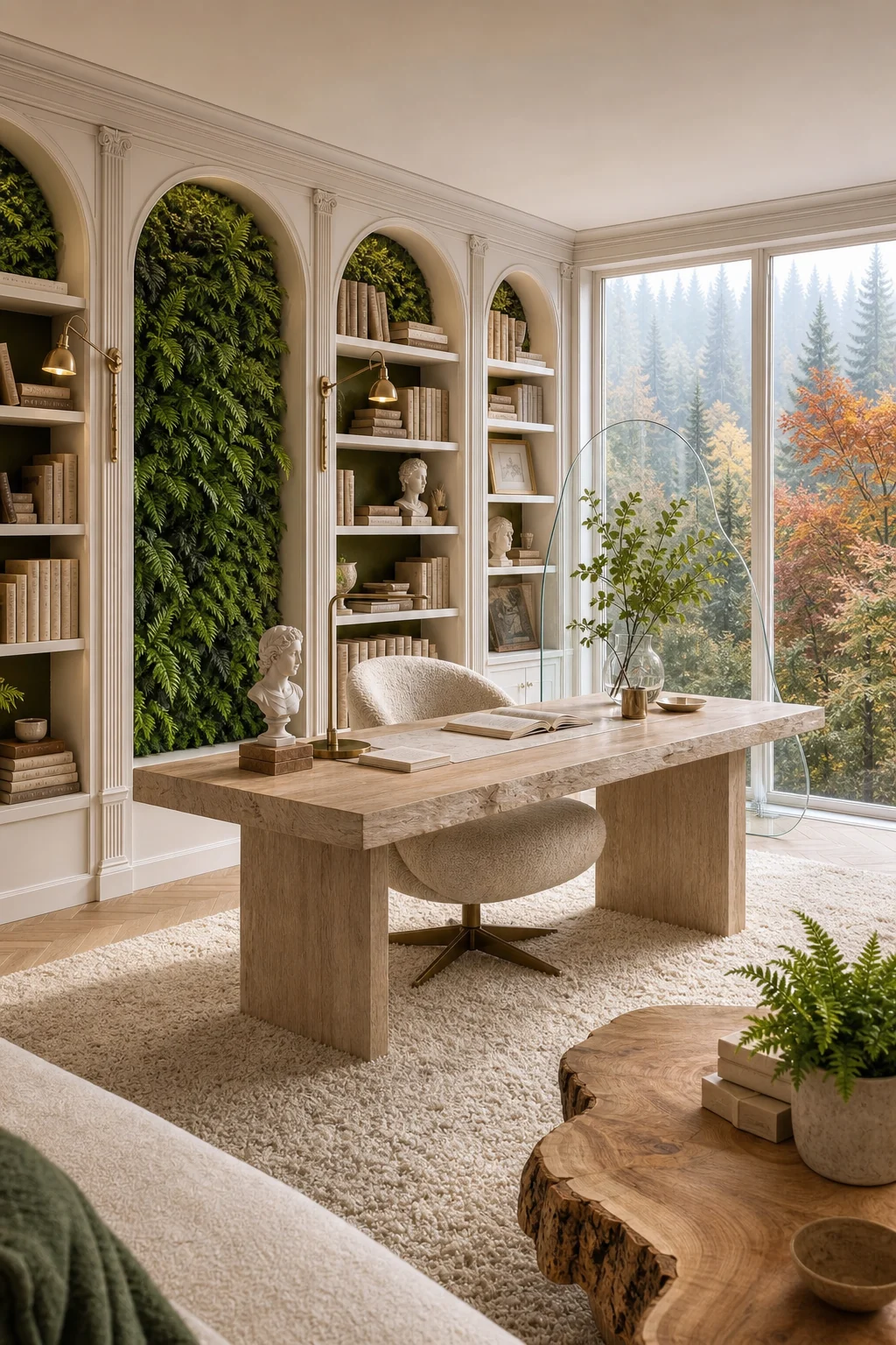 Wide architectural view showing large windows filtering silvery daylight onto rounded glass elements and classical arched shelving.