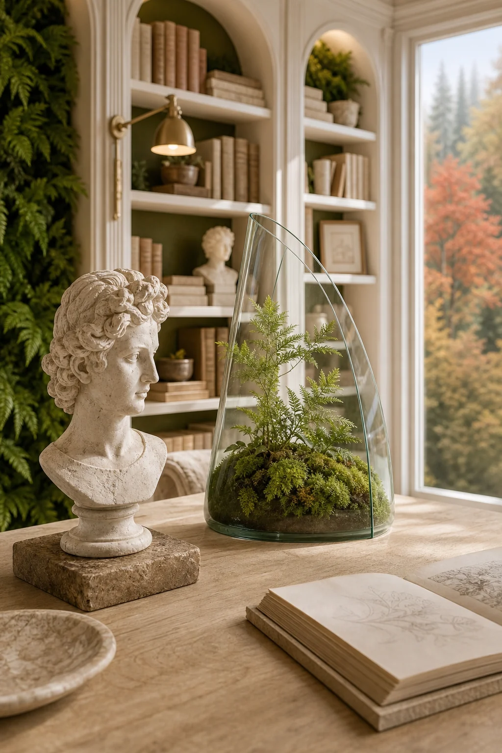 Styled tabletop detail showing a weathered plaster bust next to a curved glass vase holding a vibrant moss arrangement.