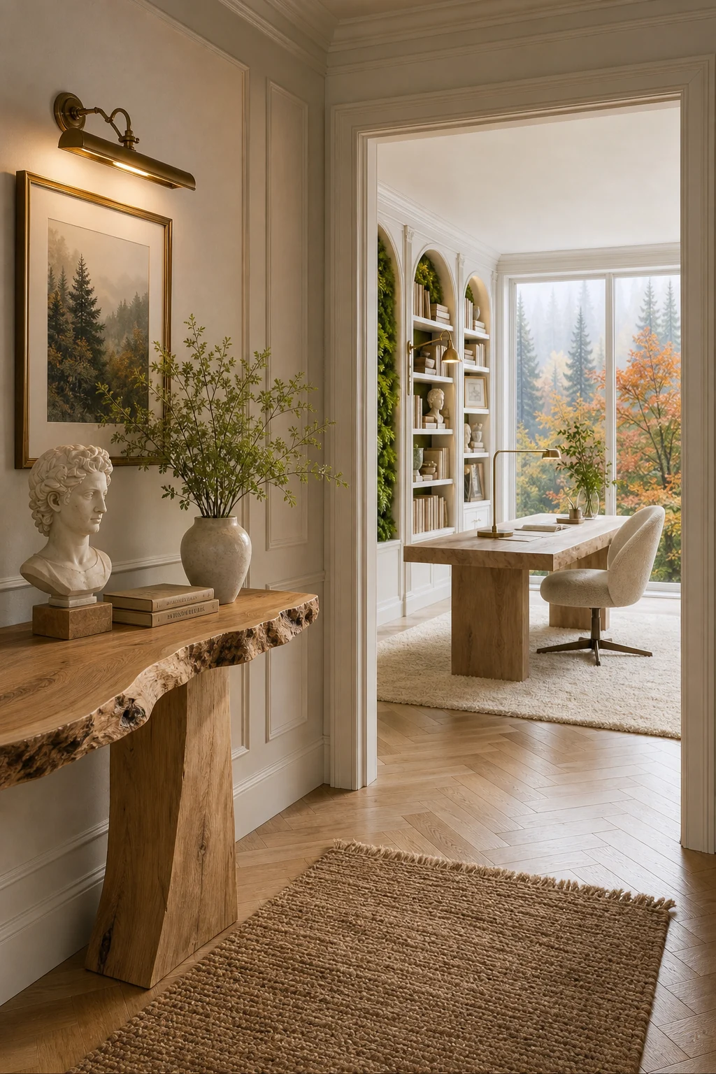 View through a doorway showing a raw-edge wood console table beneath a traditional brass picture light in a hallway.