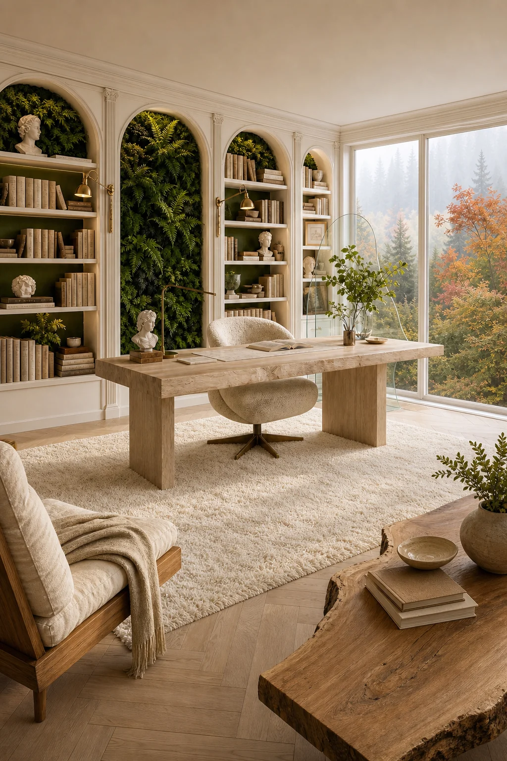 Generous full-room view showing a raw wood desk and living plant walls contained within a structured cream-painted architectural shell.