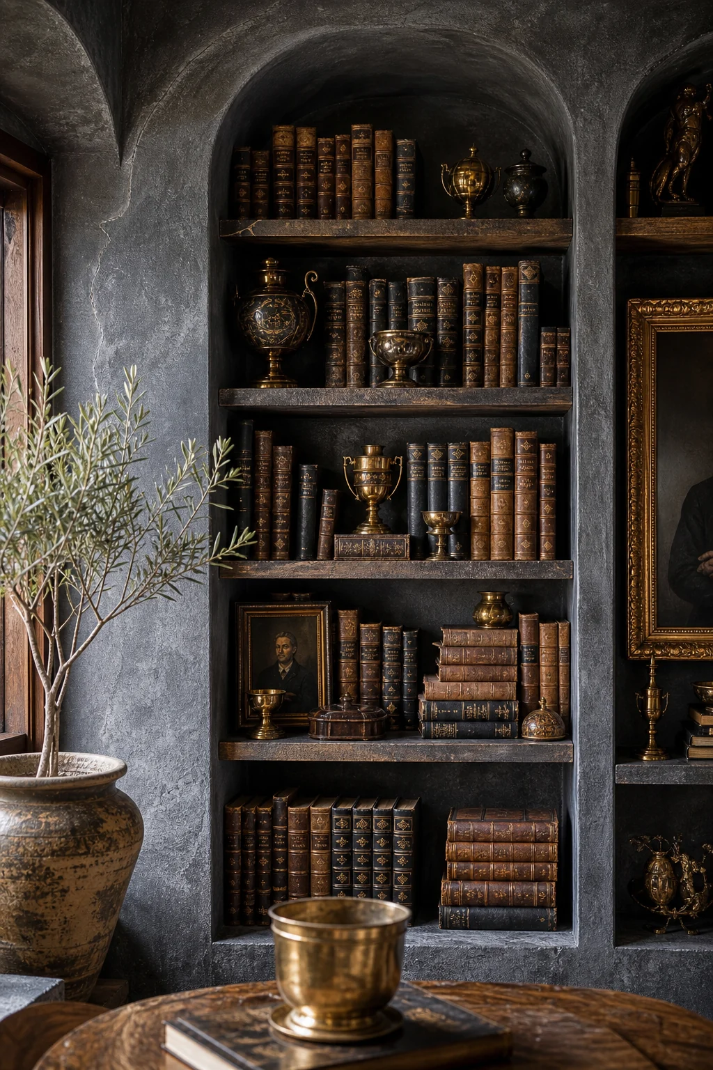 Curved masonry alcove filled with densely packed vintage books and brass curiosities against charcoal plaster.