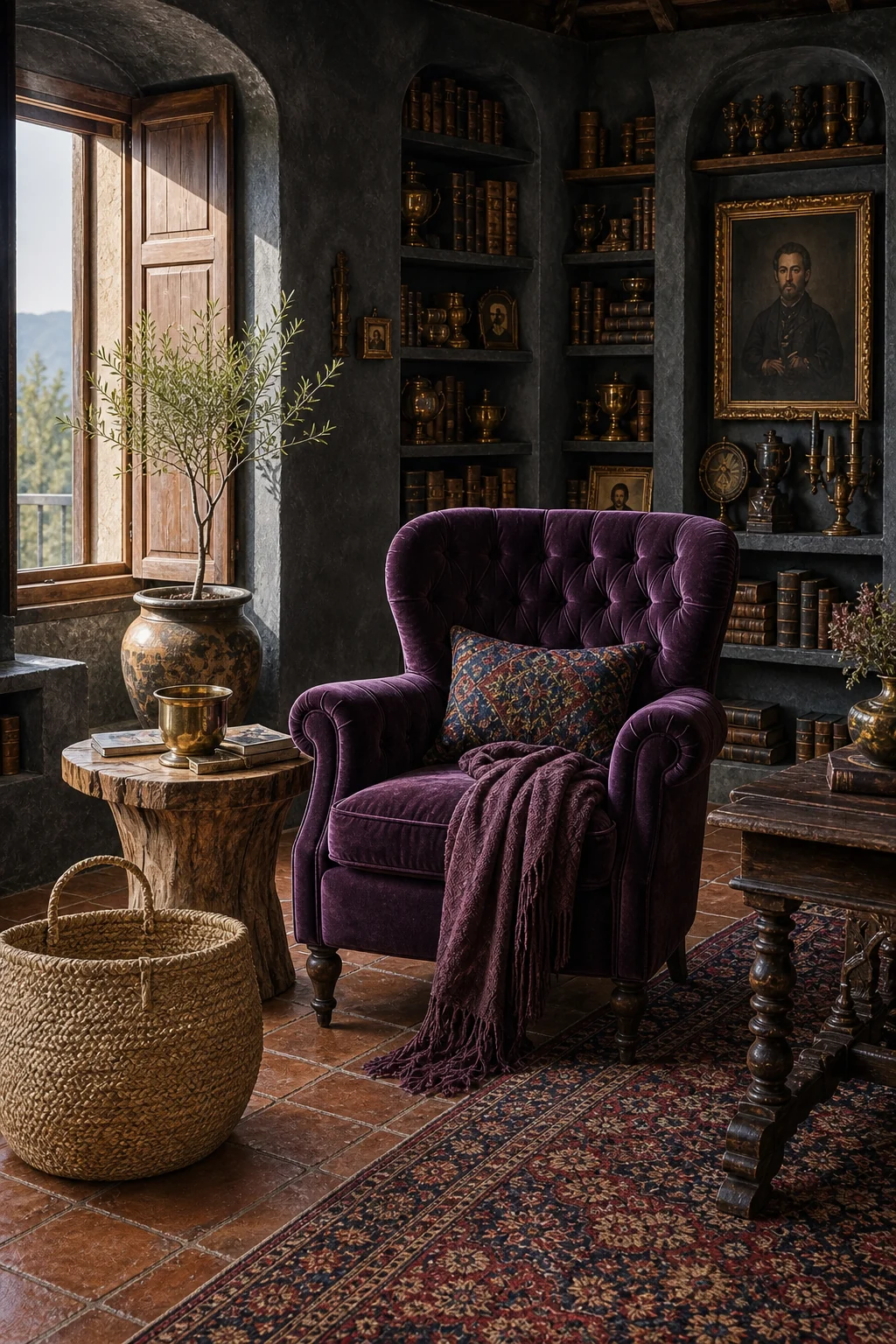 Deep plum velvet tufted armchair sitting on antique terracotta floor tiles next to an esparto grass basket.