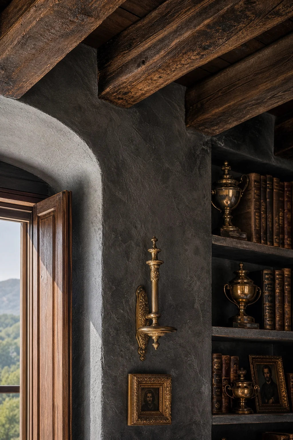 Junction of rough-hewn wooden ceiling beams and textured charcoal lime-washed walls with a brass sconce.