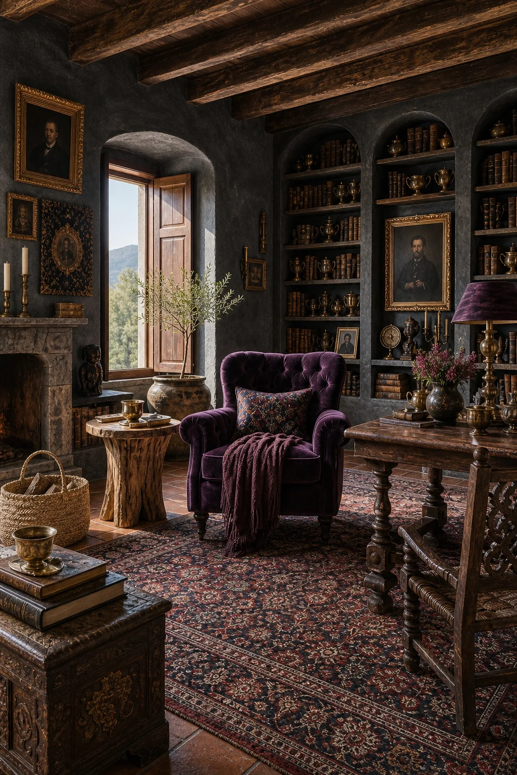Complete reading nook with a plum velvet chair, olive wood side table, Persian rugs, and dark masonry bookshelves.