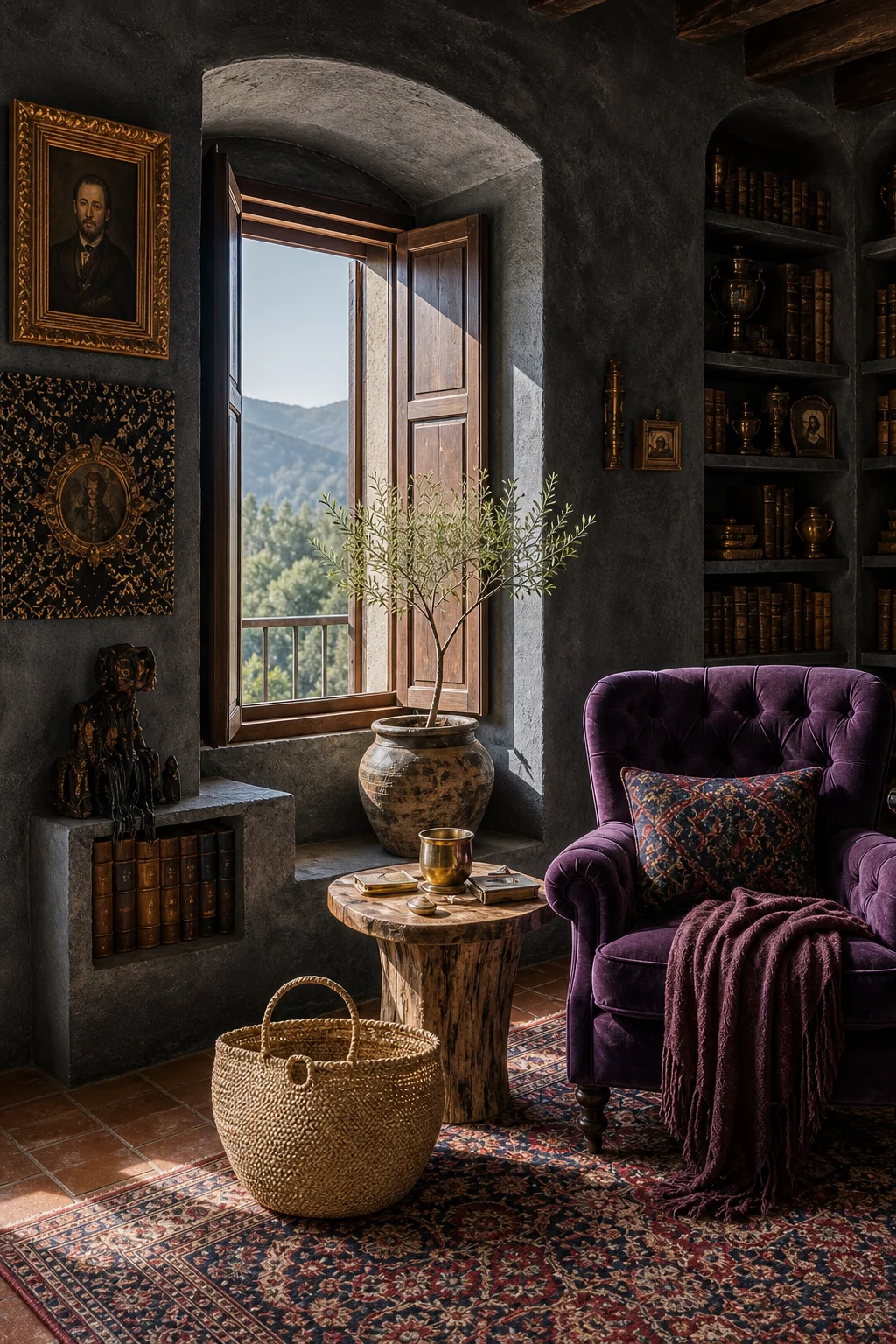Low-angled winter sunlight streaming through a deep-set masonry window, illuminating dark velvet and terracotta.