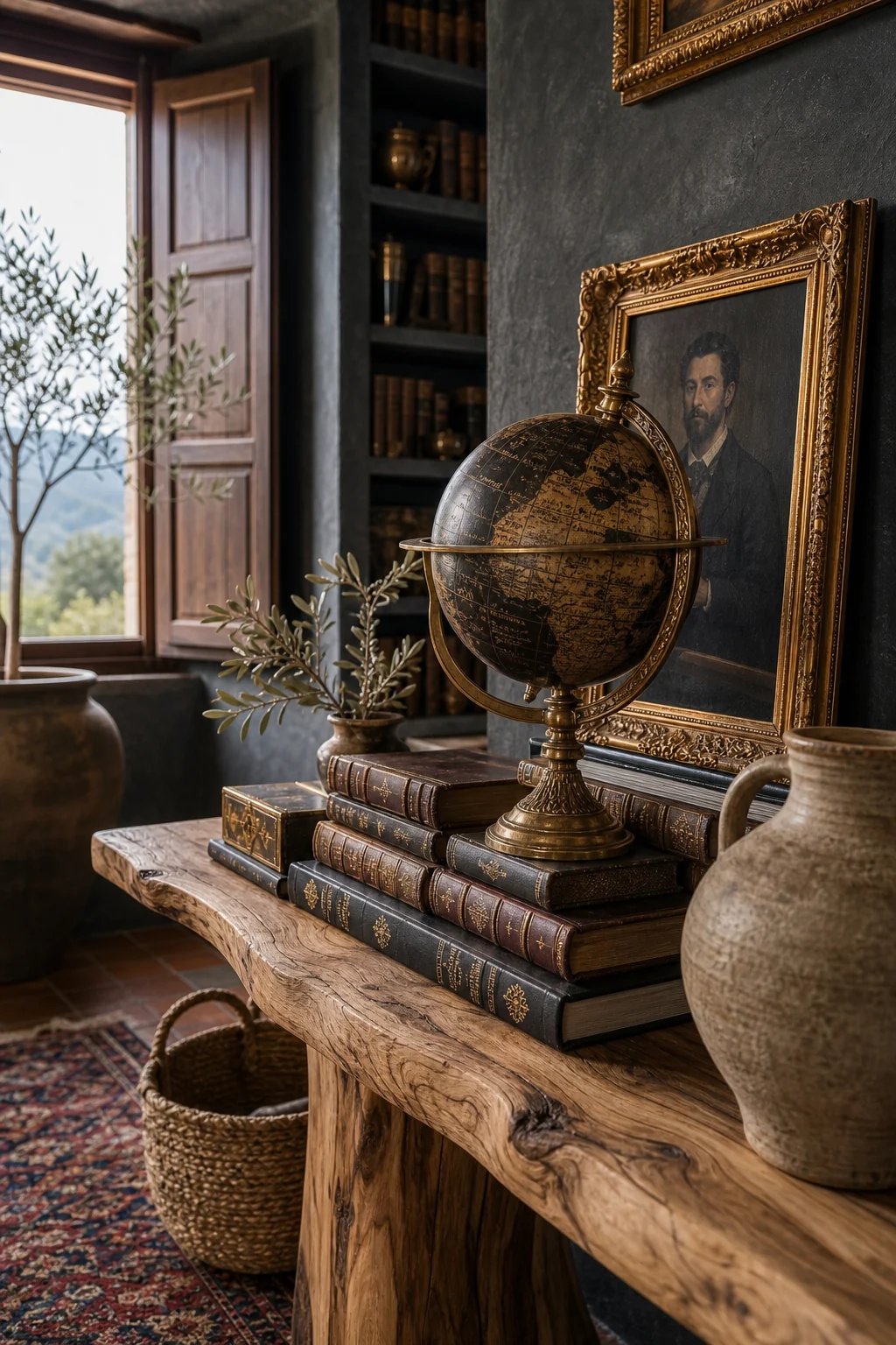 Close-up of a raw olive wood console table styled with an ornate brass globe, oil portrait, and ceramic jug.