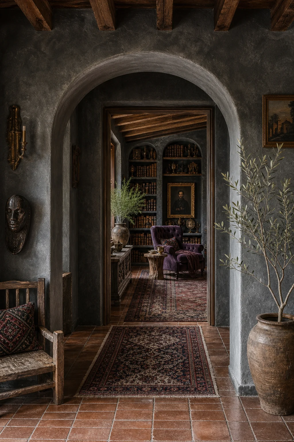 View through a thick masonry doorway showing terracotta tiles leading into a dark, rug-layered hallway.