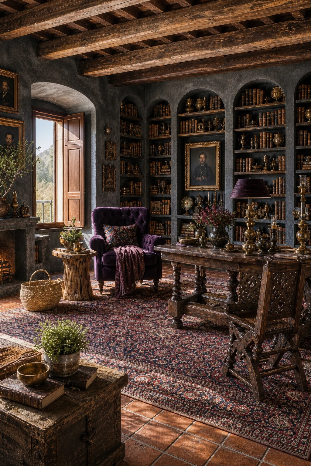 Wide shot of the integrated library showing floor-to-ceiling dark masonry shelves, velvet seating, and rustic beams.