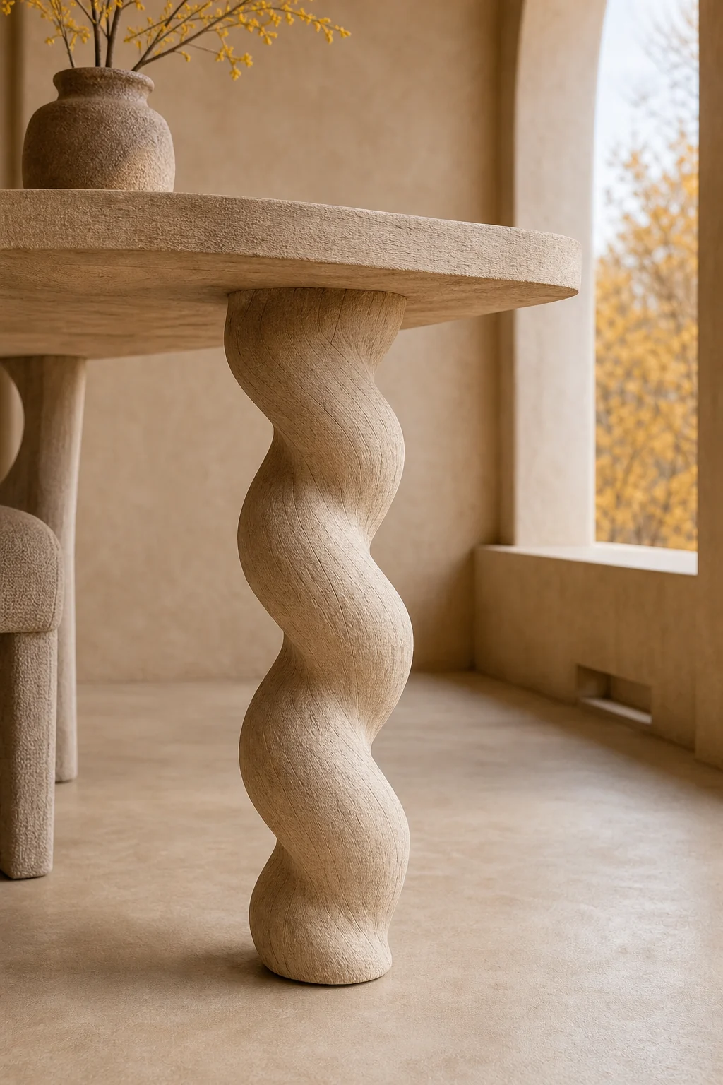 Close-up of a serpentine twisted table leg carved from raw bleached wood resting on a smooth adobe floor