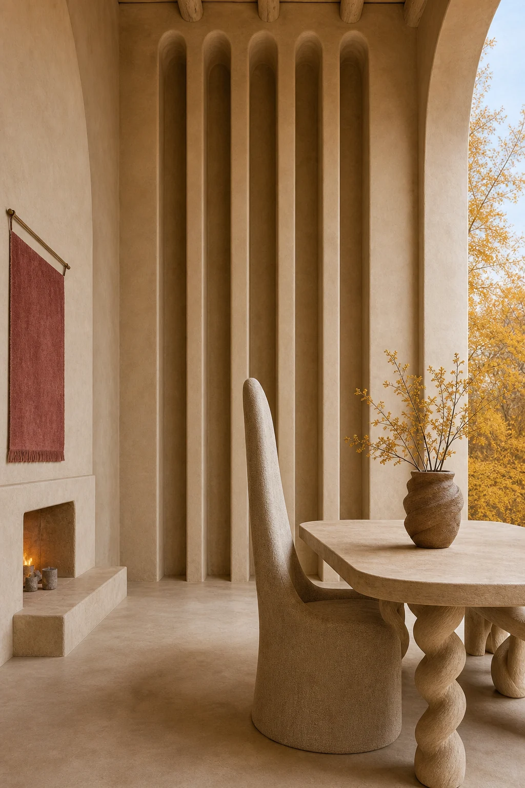 Medium architectural shot of impossibly elongated narrow blind arches executed in raw sand-colored adobe