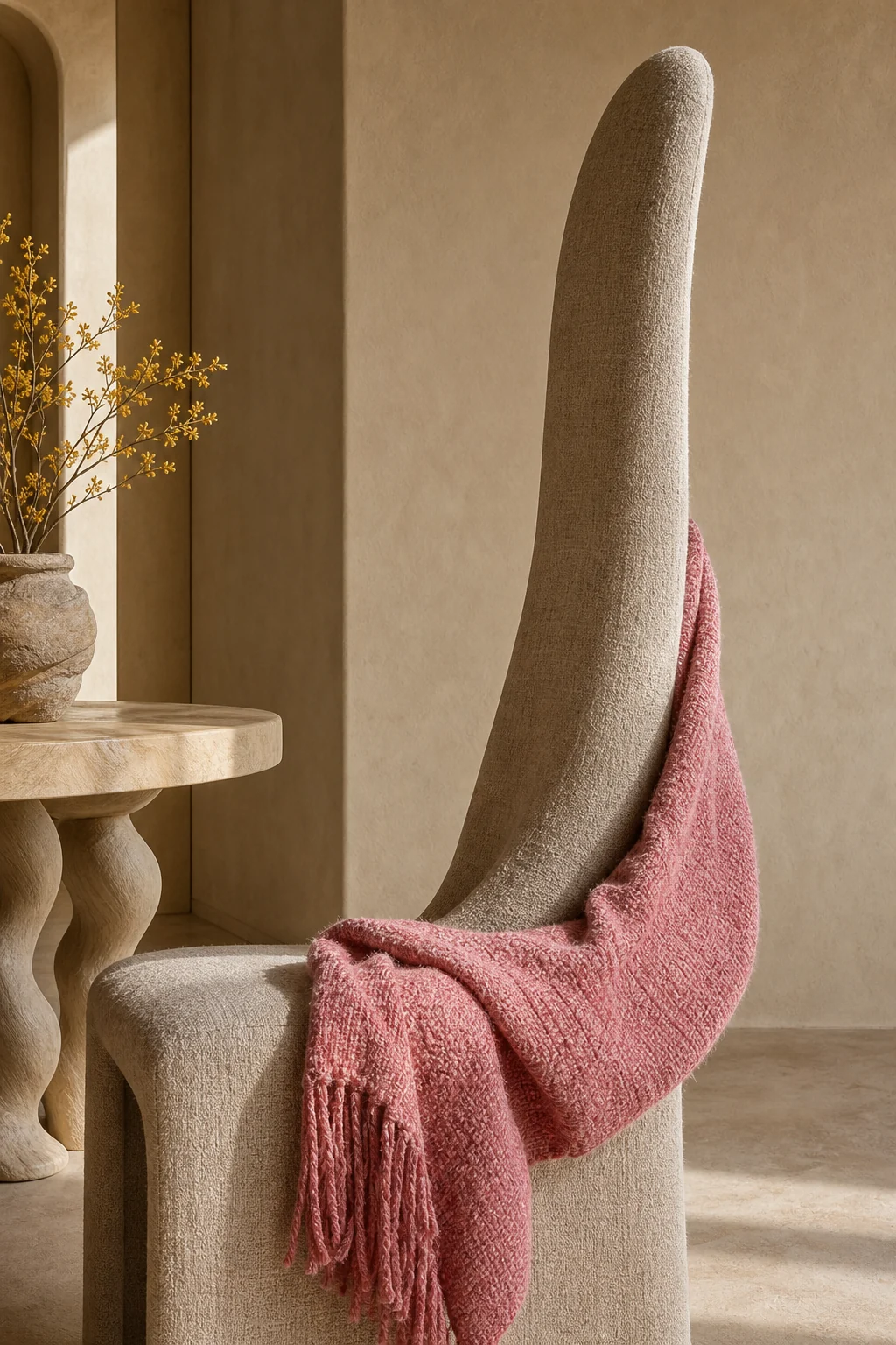 Detail of a surreal, exaggeratedly tall dining chair back draped with a faded cochineal pink textile