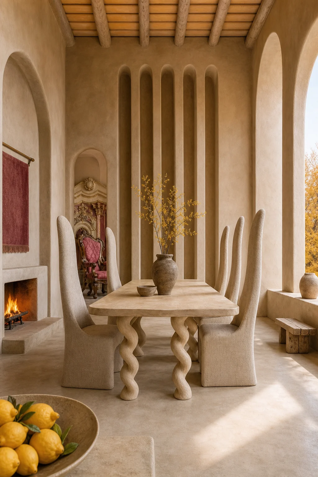Full view of a bleached wood dining table with twisted legs surrounded by tall-backed chairs in a sparse adobe room