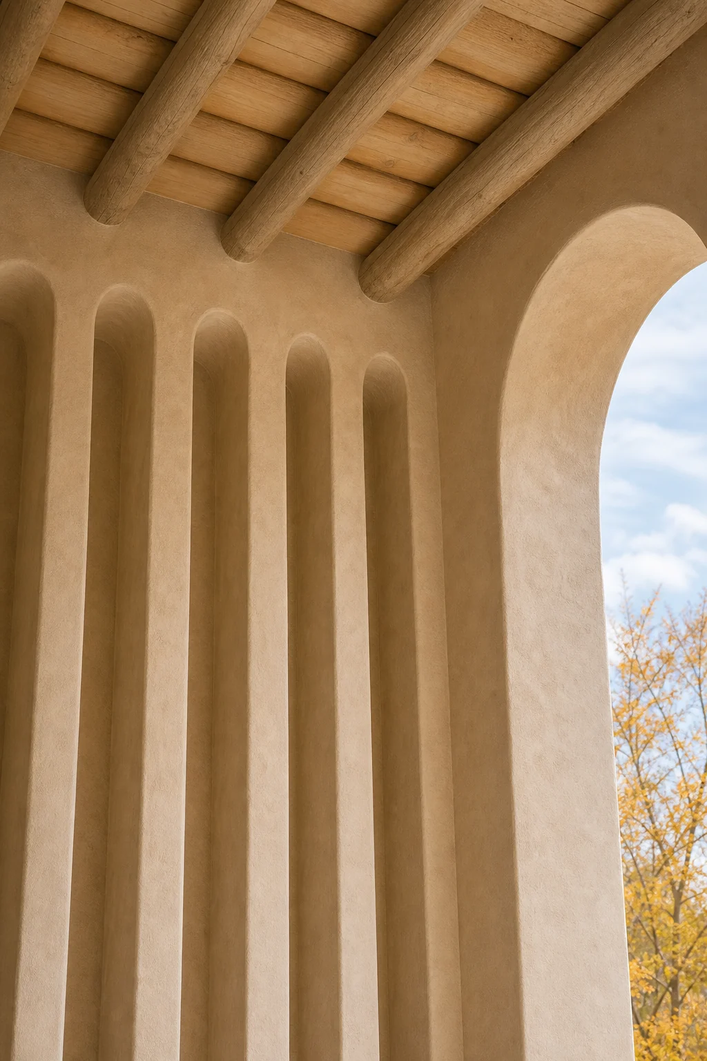 High angle detail of crisp autumn sunlight casting dramatic shadows across seamless adobe plaster arches