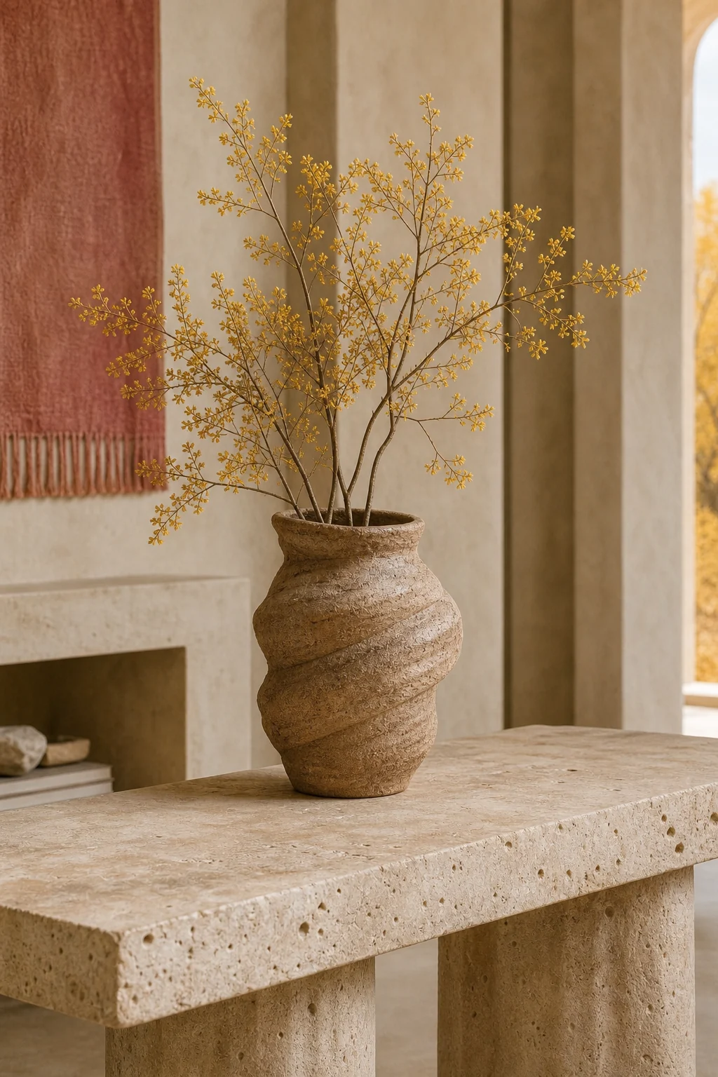 Close-up of a twisted, asymmetrical ceramic vessel holding a chamisa-yellow branch on a matte travertine surface