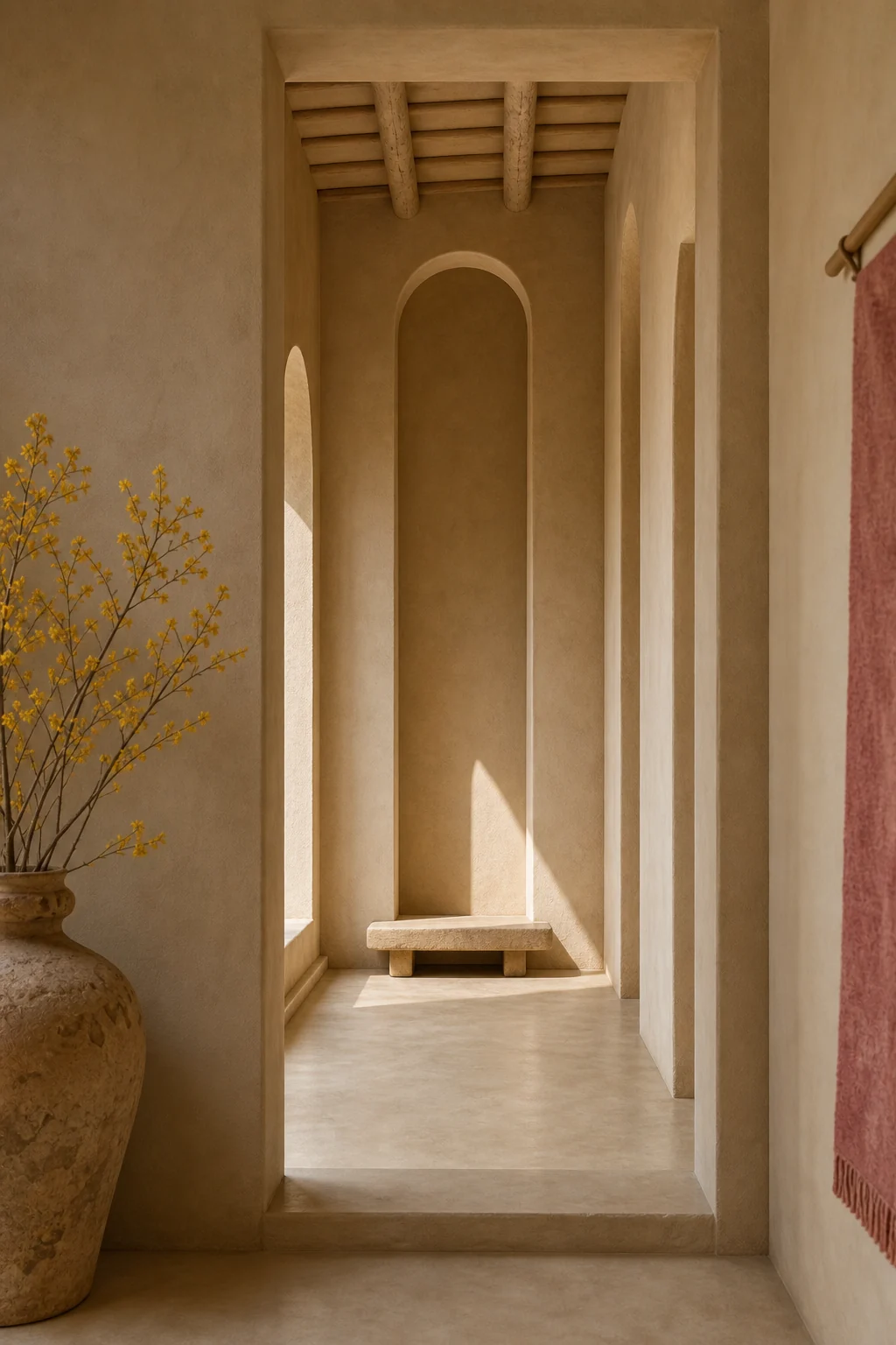 View from a hallway showing a stark raw earth bench beneath a soaring, elongated adobe archway