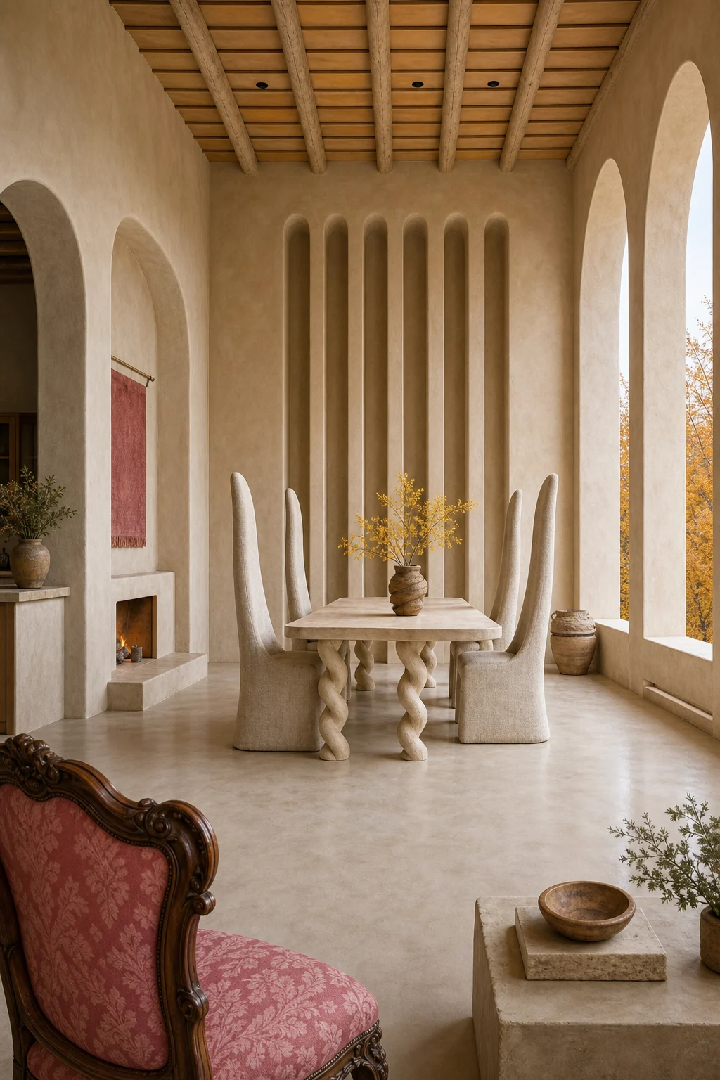 Generous wide angle of a serene dining room balancing tall surreal furniture with sparse earthy architecture