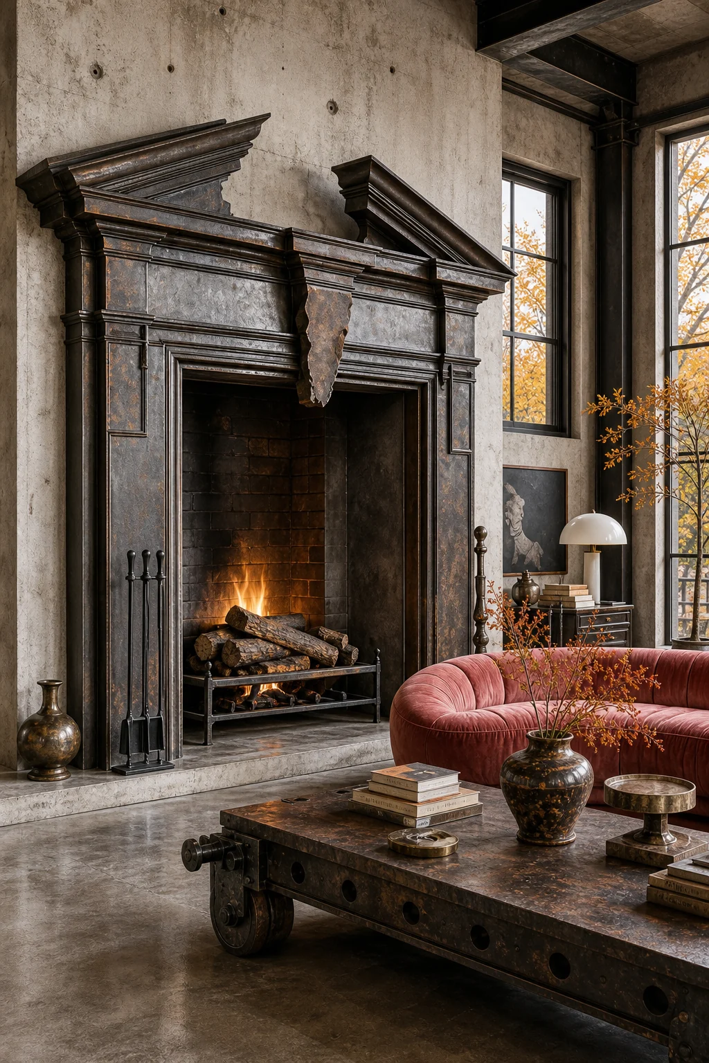 An oversized fireplace mantel made of raw welded steel with a broken pediment against a concrete wall.