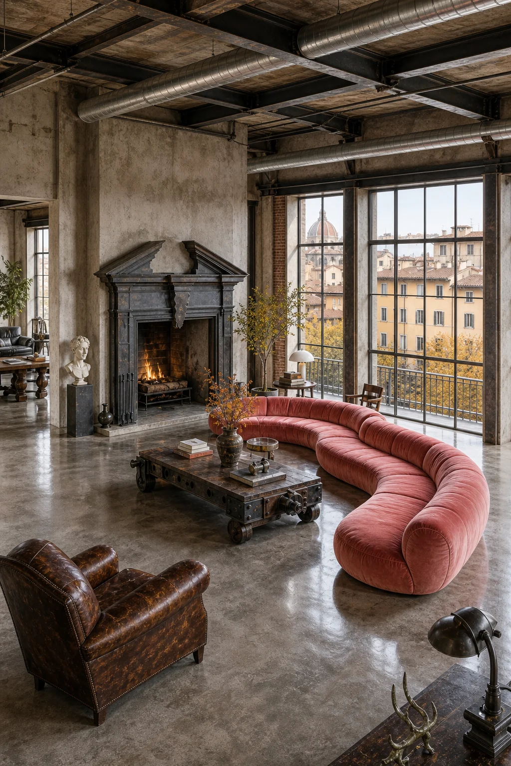 High angle view of exposed steel I-beams framing an elongated salmon-pink velvet sofa on a polished concrete floor.