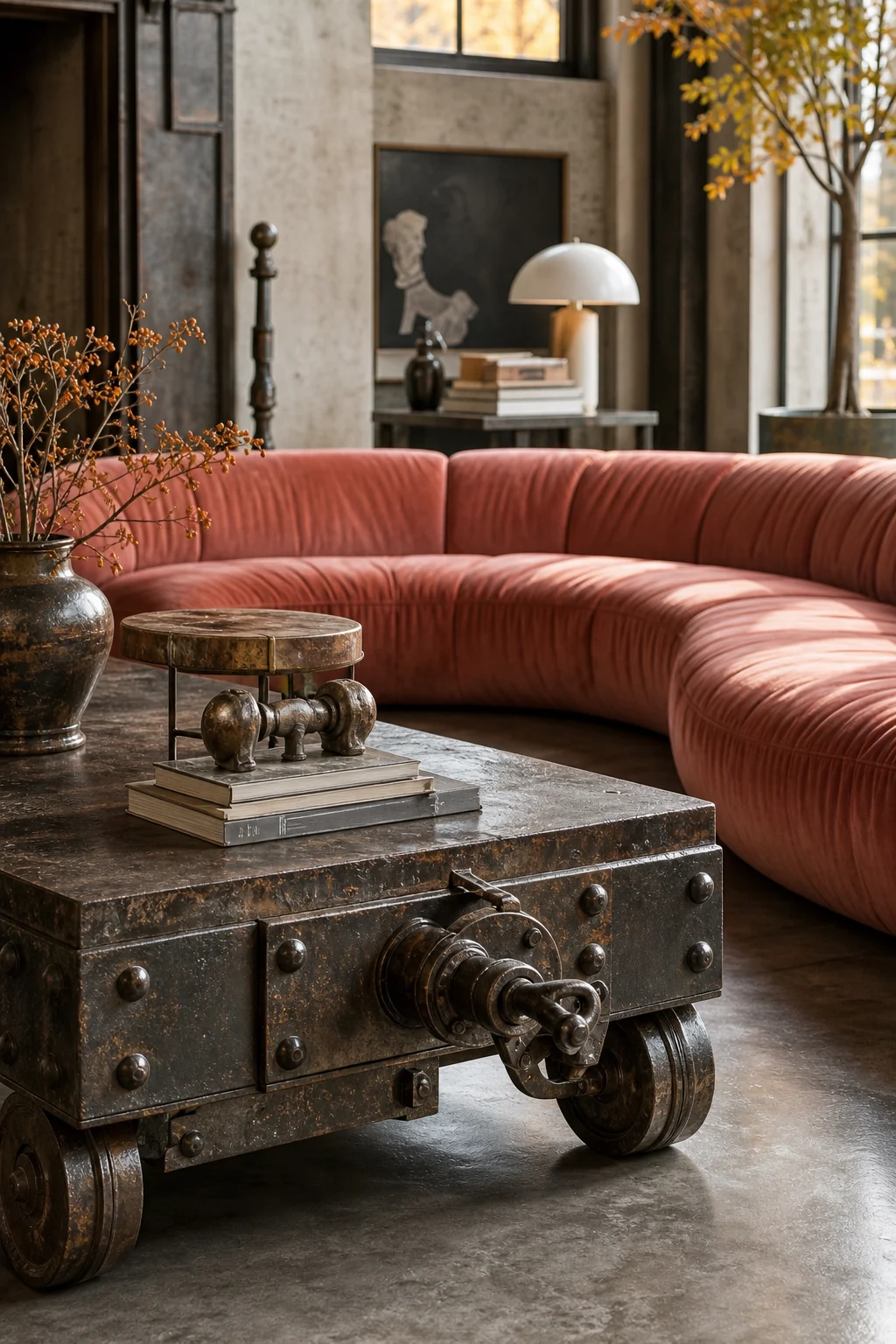 Close-up of a heavy cast-iron coffee table next to acidic salmon-pink velvet upholstery.
