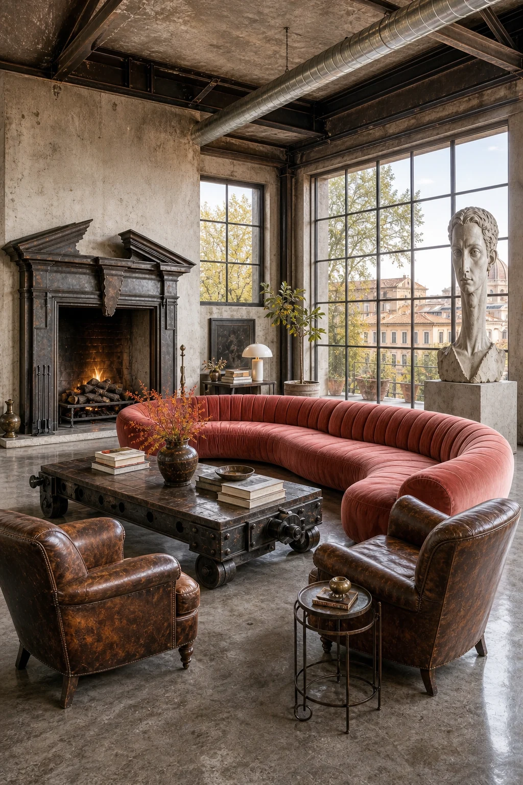 A complete seating vignette with a serpentine velvet sofa, steel coffee table, and a classical bust on a concrete plinth.