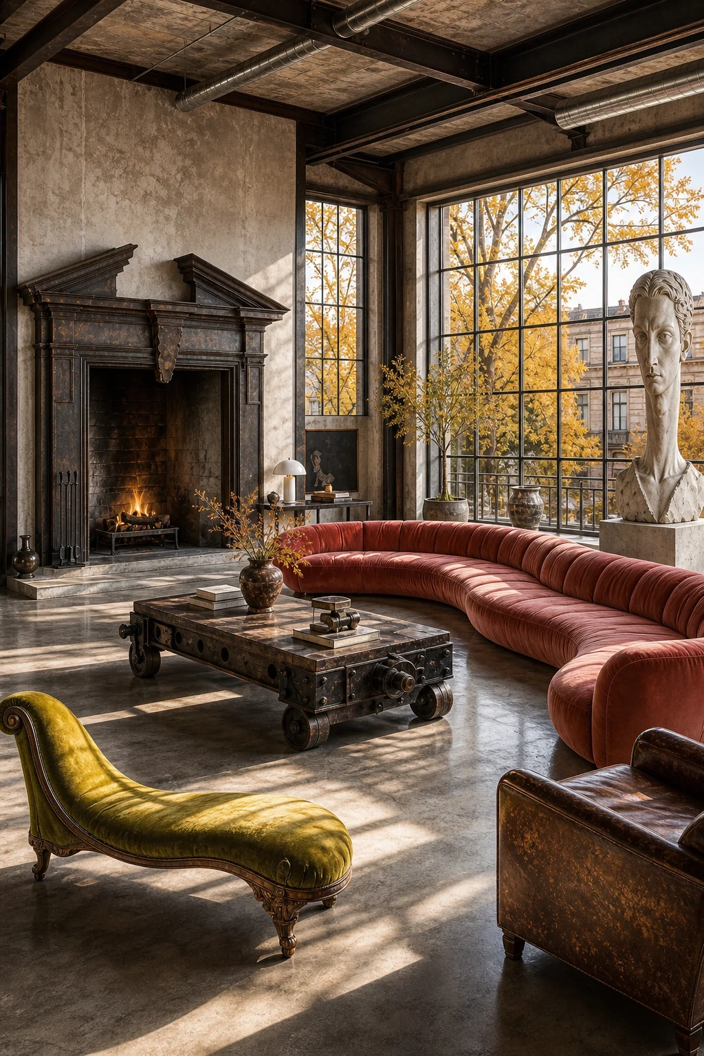 Wide view of factory windows framing autumn trees, with sunlight illuminating a concrete floor and a chartreuse velvet chair.