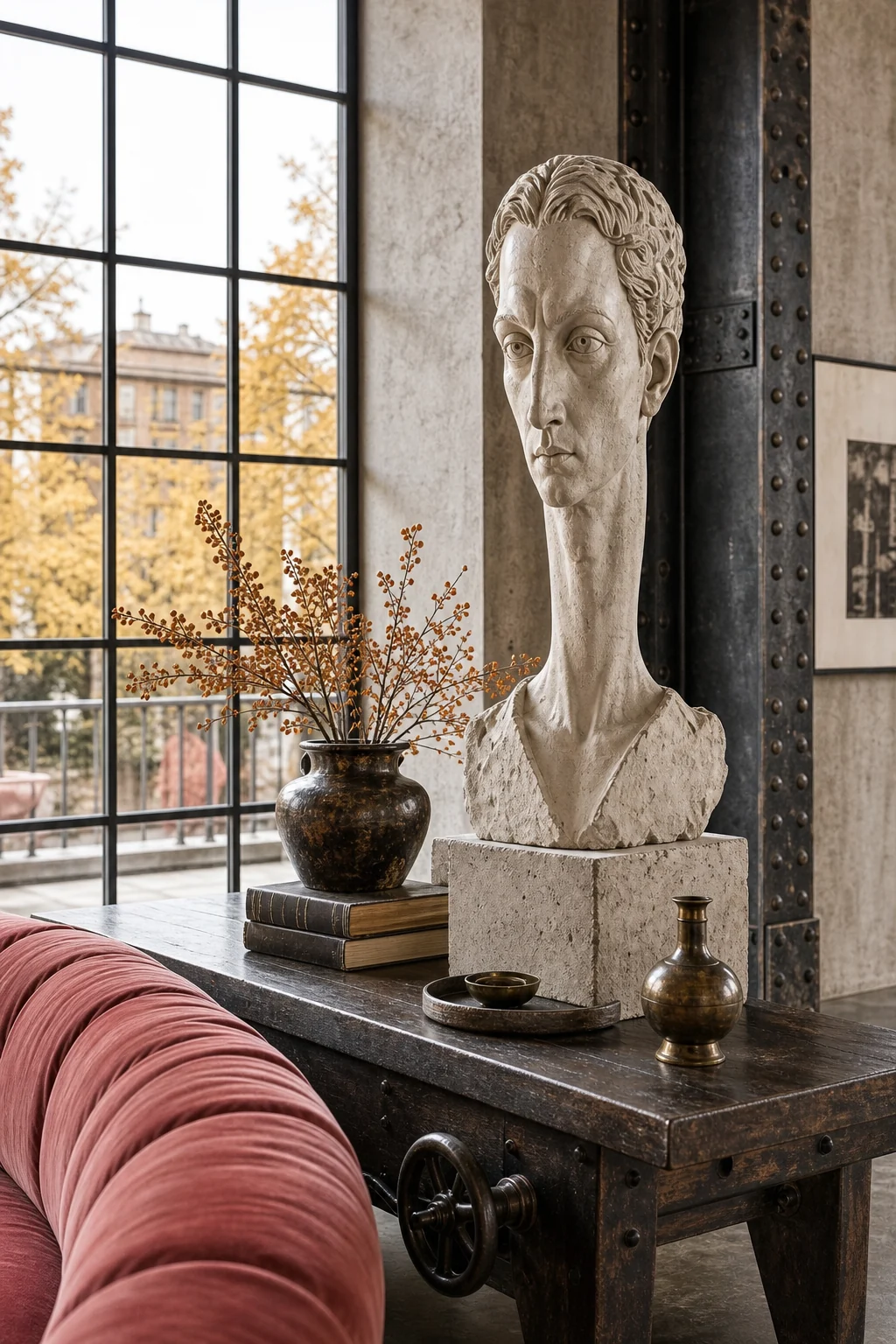 A stretched classical plaster bust sitting on a rough concrete plinth near a steel column.