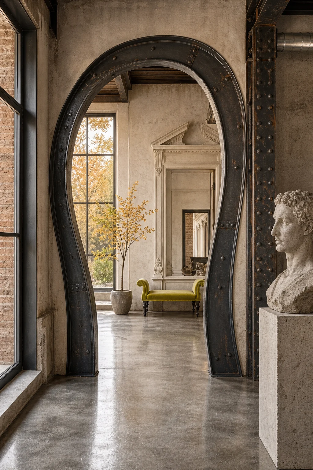 A transitional hallway with a distorted archway made of raw steel, leading to a chartreuse silk bench.