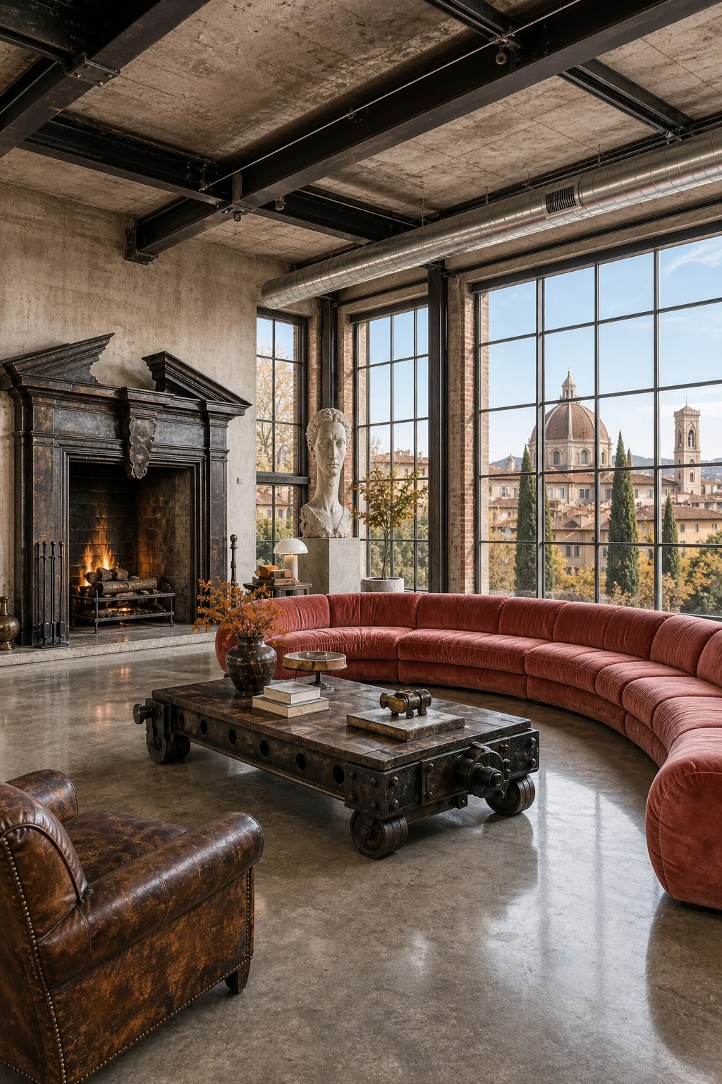 Generous full-room view showing a raw industrial shell balancing an oversized steel fireplace and elongated velvet sofa.