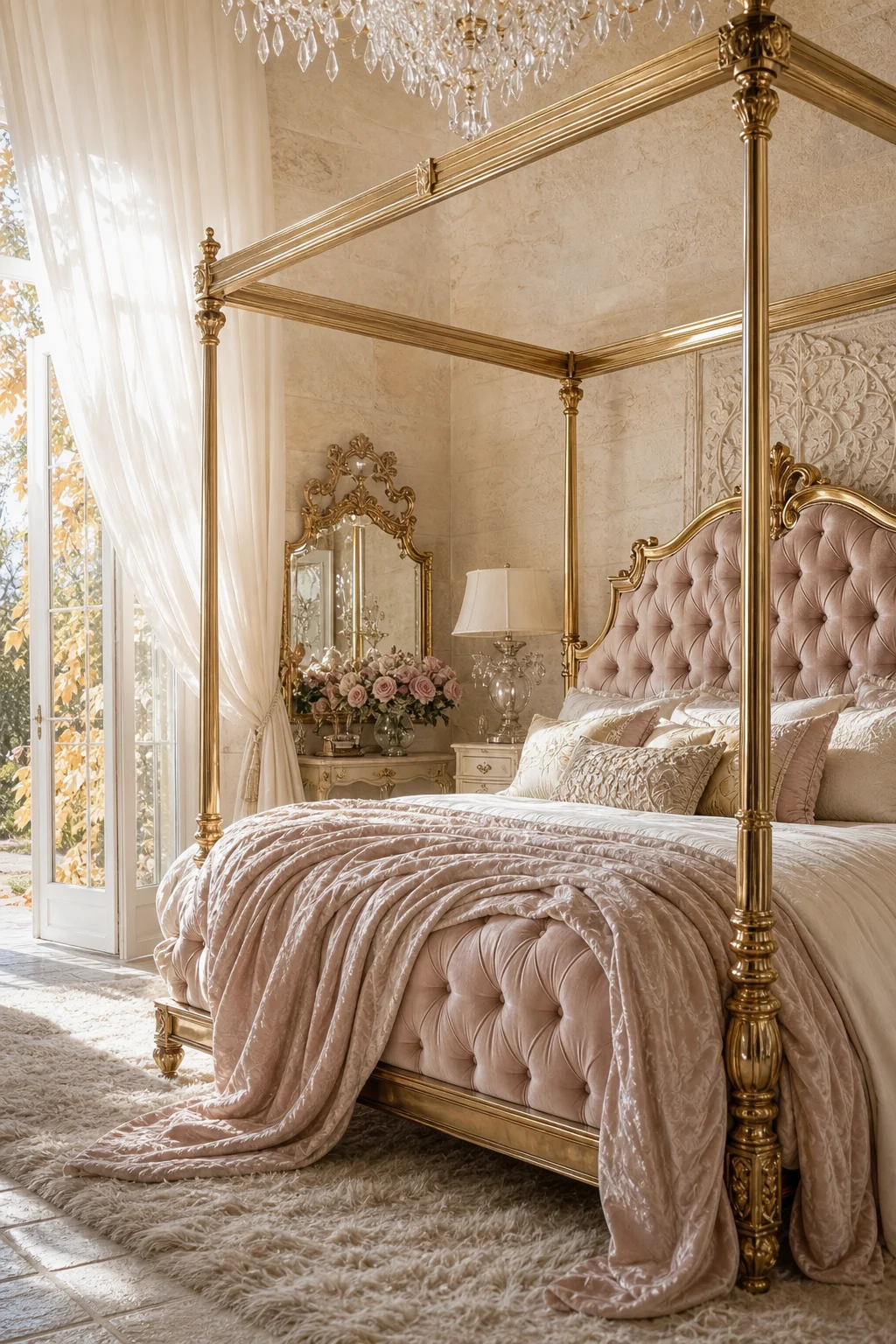 Low angle close-up of an ornate polished brass canopy bed with blush tufted velvet, backed by sheer linen drapes.