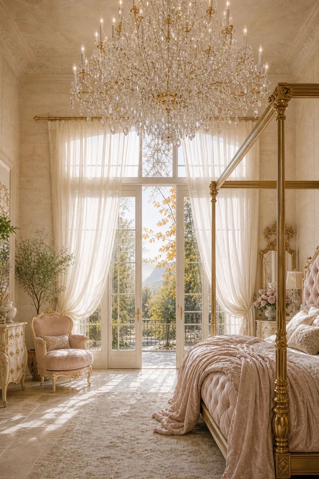 Straight-on wide shot of massive French doors draped in floating sheer ivory linen, with a heavy crystal chandelier.