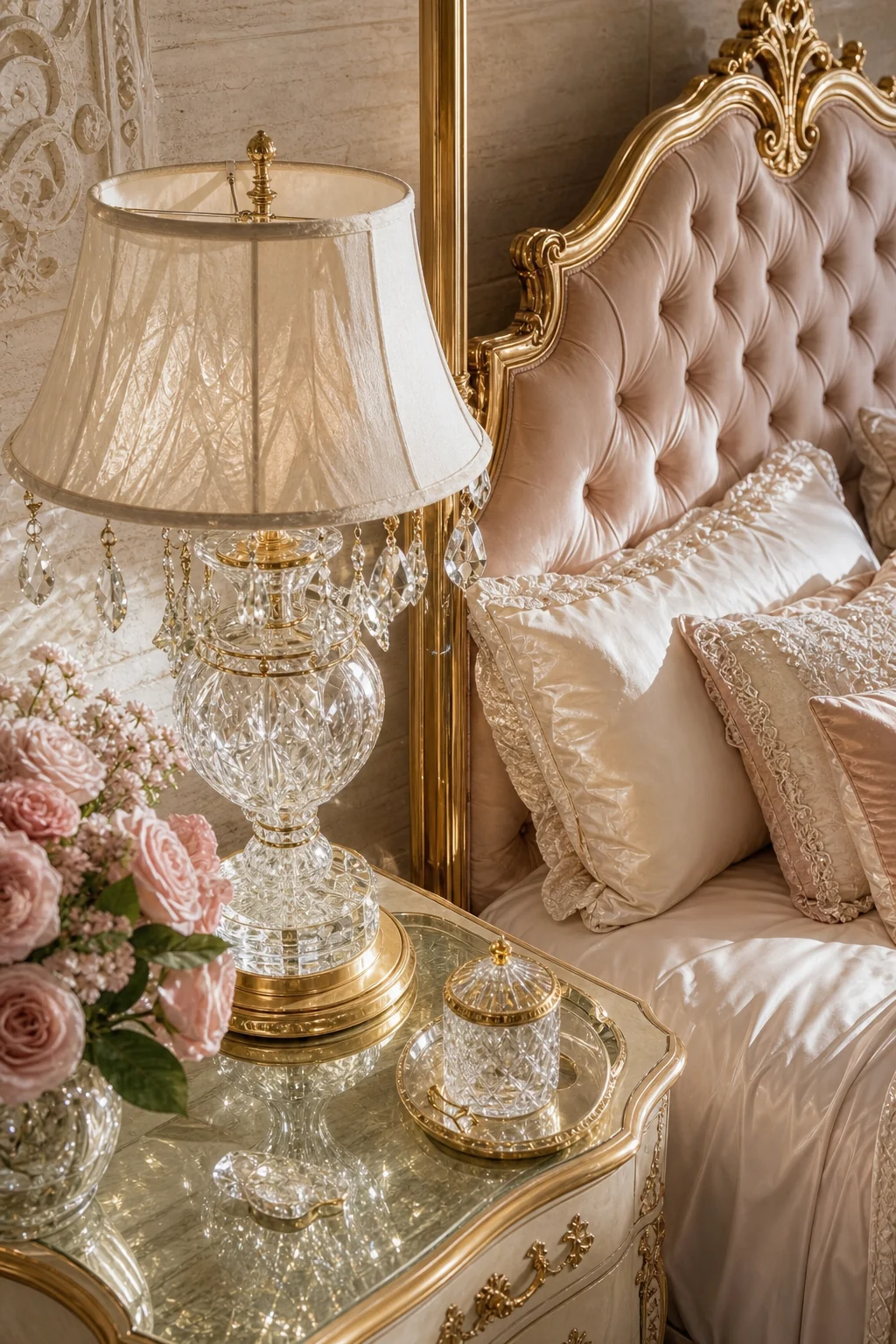 High angle macro detail of a bedside table featuring a polished brass and translucent crystal lamp on blush silk.