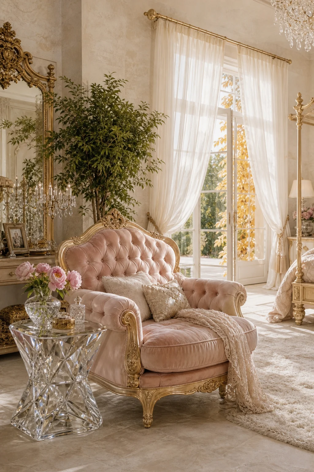 A 45-degree corner view of a seating vignette pairing a heavy blush tufted velvet armchair with a transparent glass table.