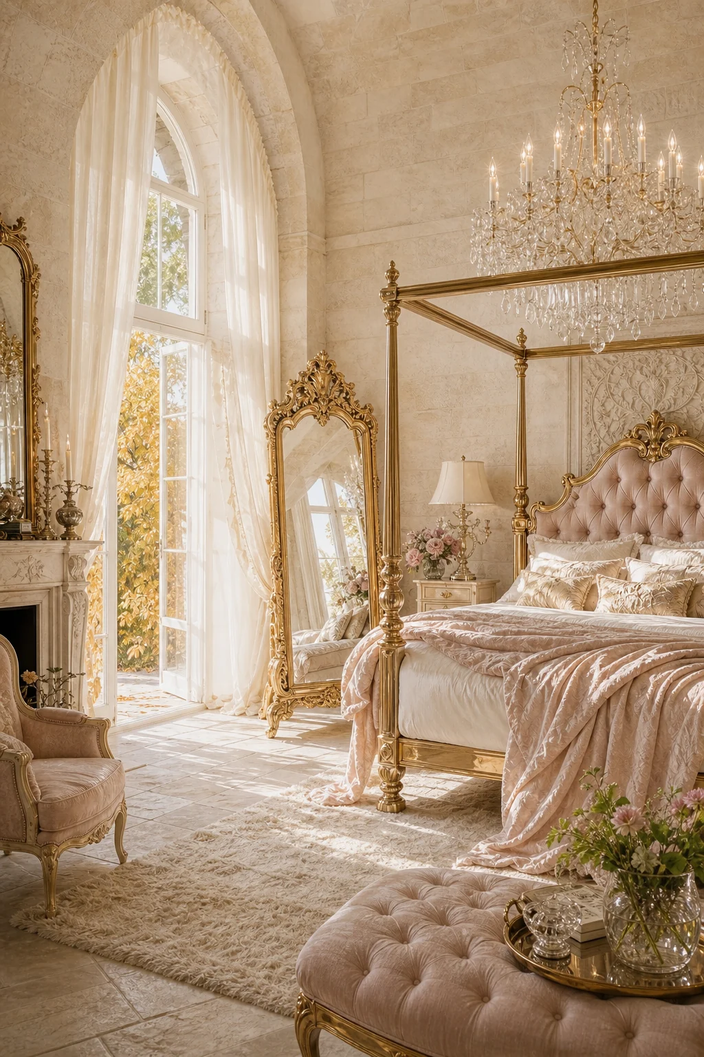 Wide architectural perspective showing pale limestone walls, an arched window, and an ornate gold mirror.